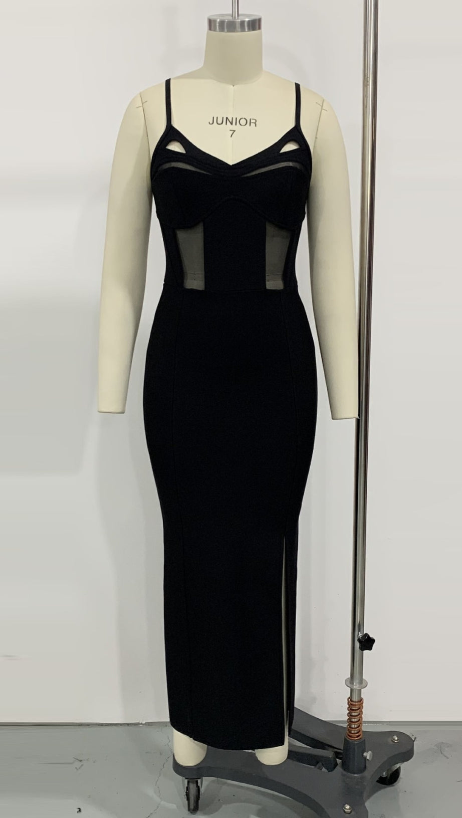 MESH - PANELED SPAGHETTI - STRAP SIDE - SLIT MIDI DRESS IN BLACK