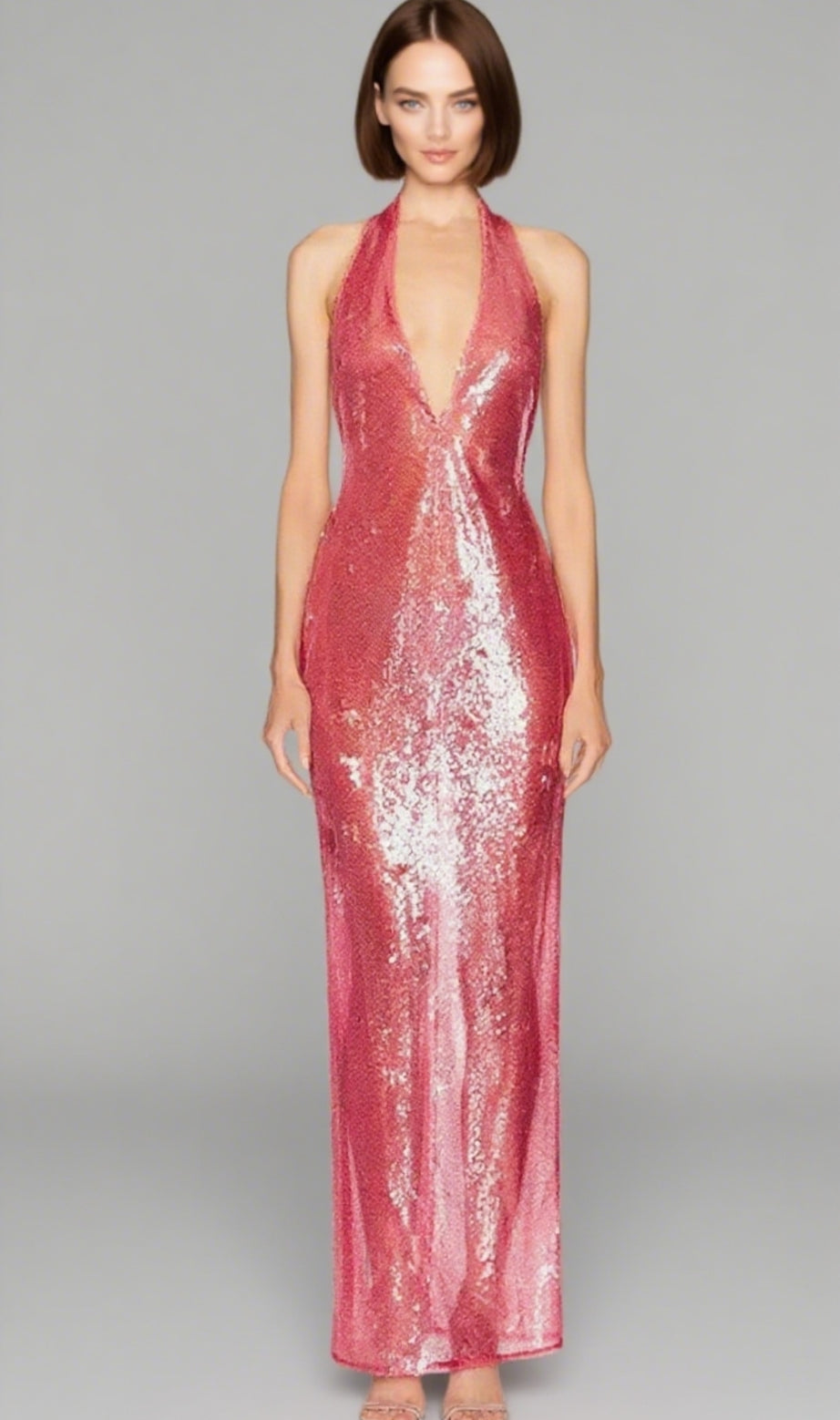 ZORA SHEER SEQUIN DEEP V-NECK GOWN IN PINK RED