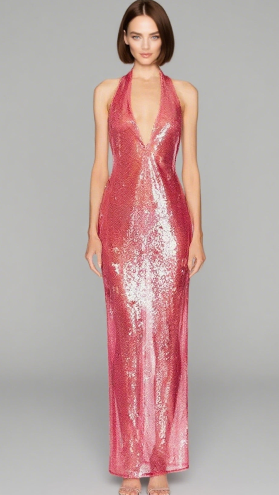 ZORA SHEER SEQUIN DEEP V-NECK GOWN IN PINK RED