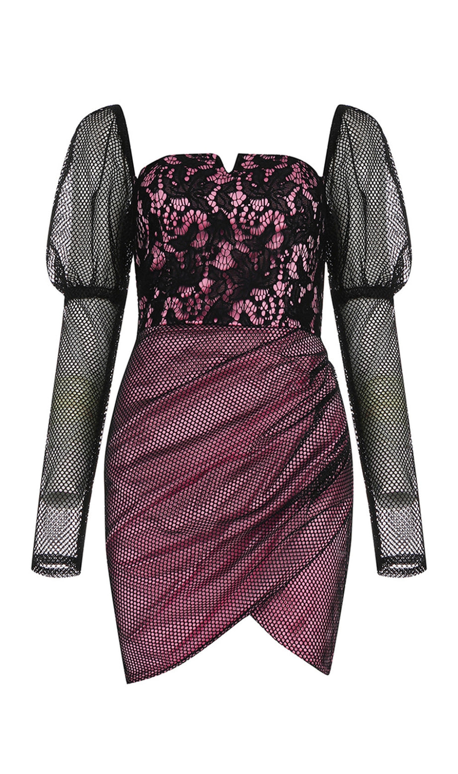 Mini abito asimmetrico in maglia, pizzo e maniche rosa