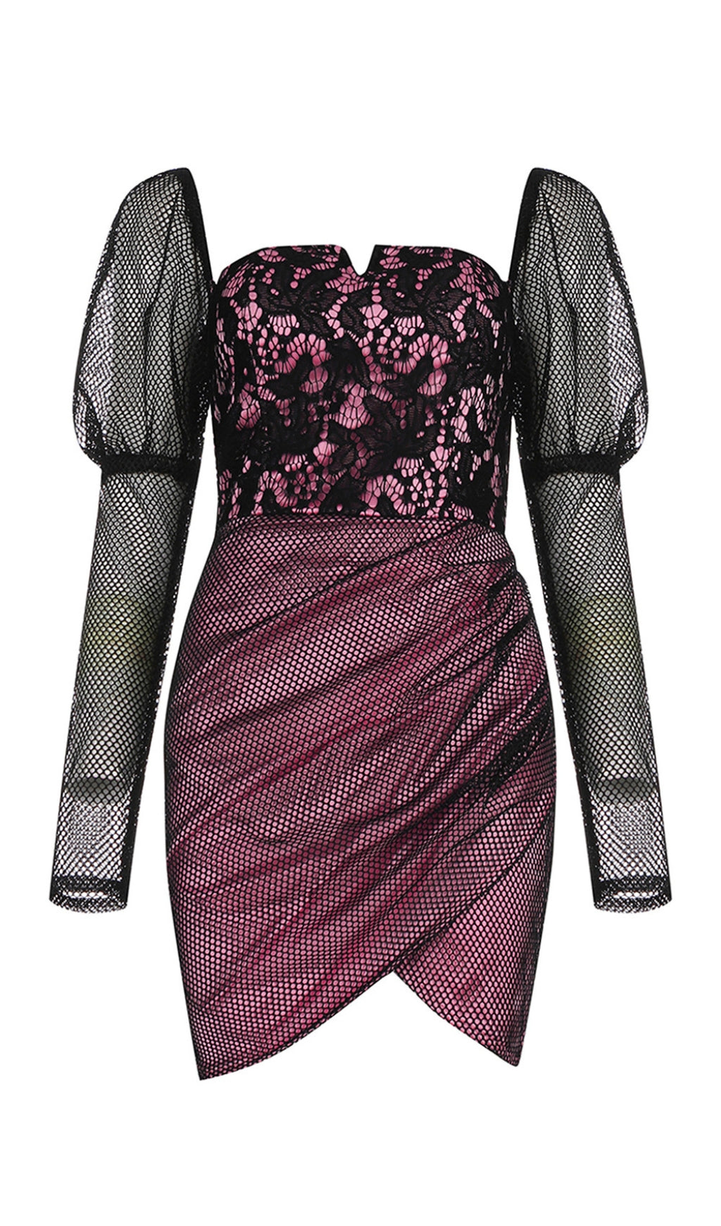 MESH - SLEEVE LACE - TOP ASYMMETRIC MINI DRESS IN PINK