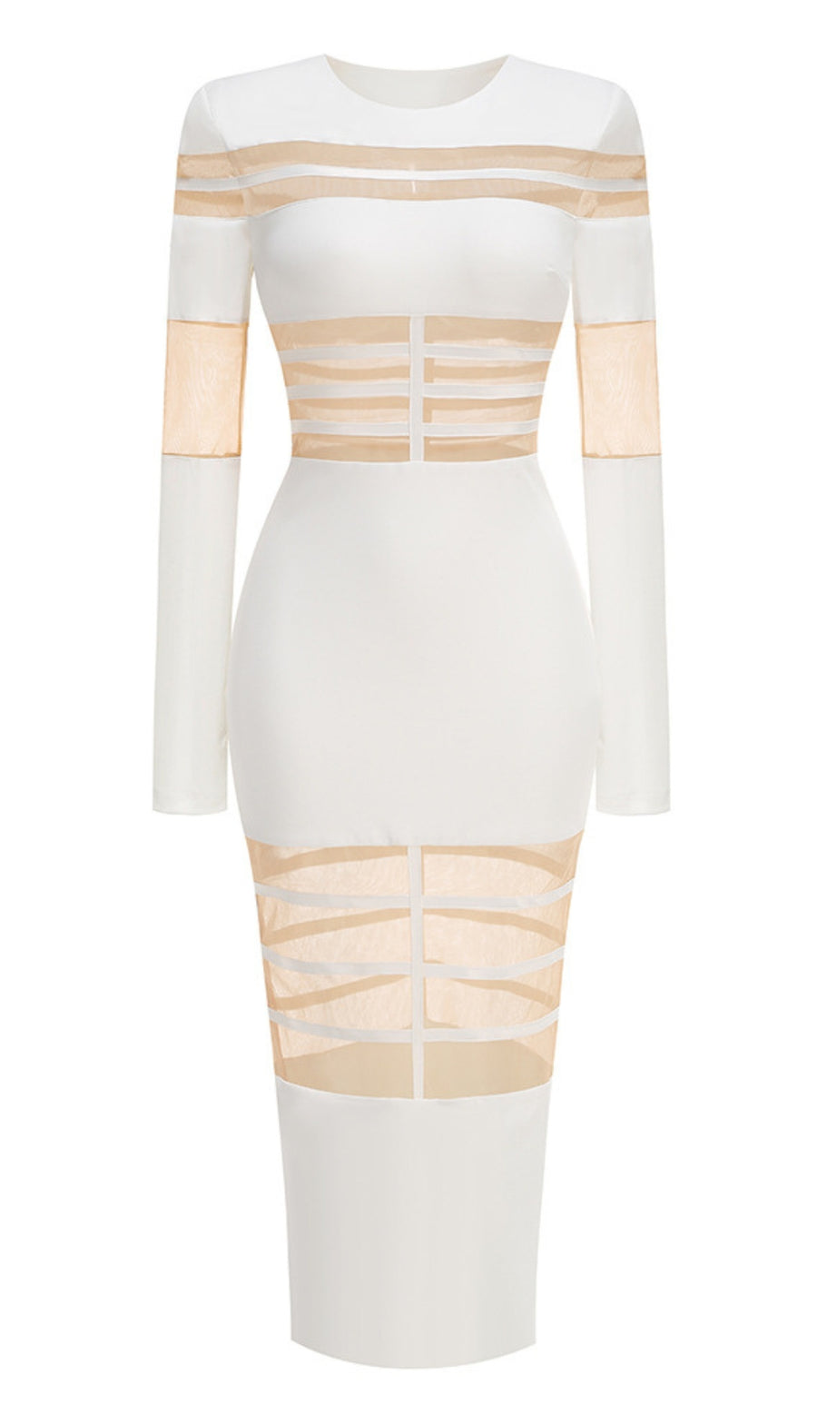 White Mesh - Paneled Long - Sleeve Bodycon Midi Dress