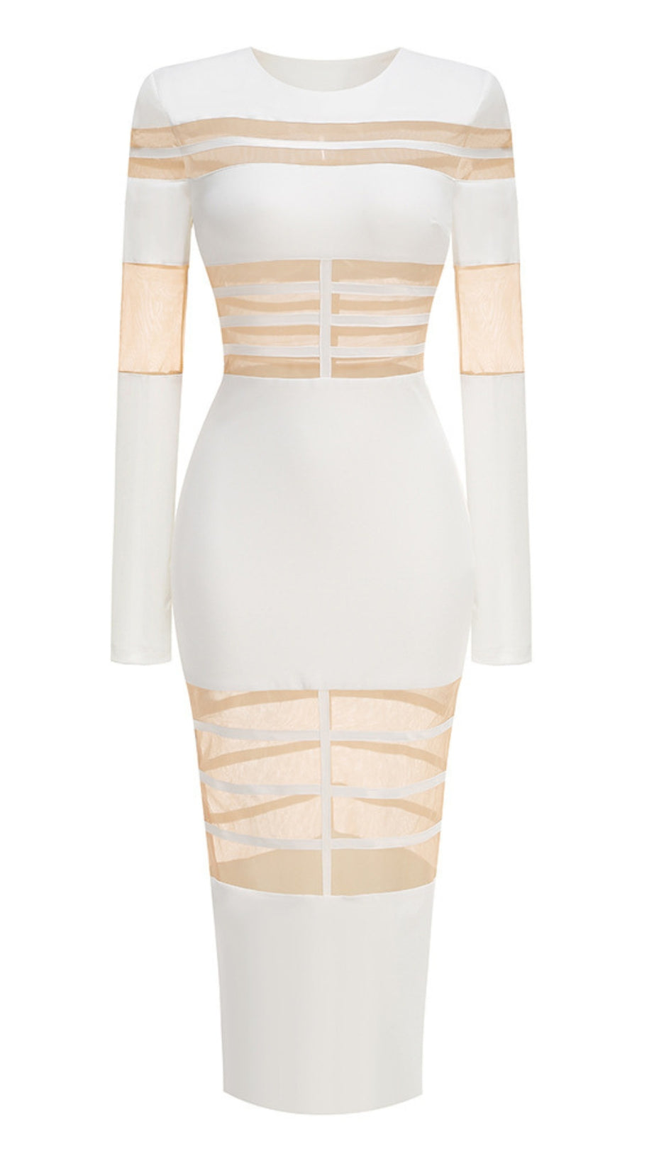 ABITO MIDI ADERENTE A MANICHE LUNGHE CON PANNELLI IN RETE BIANCA