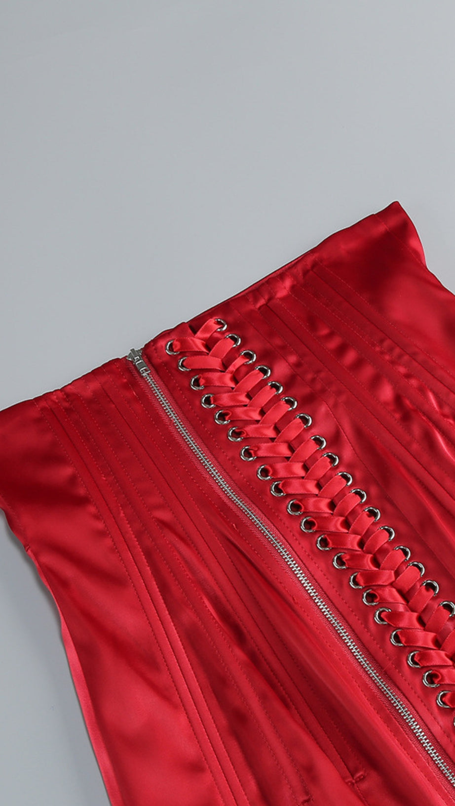 BLUE LACE BRALETTE AND RED SATIN PENCIL SKIRT SET