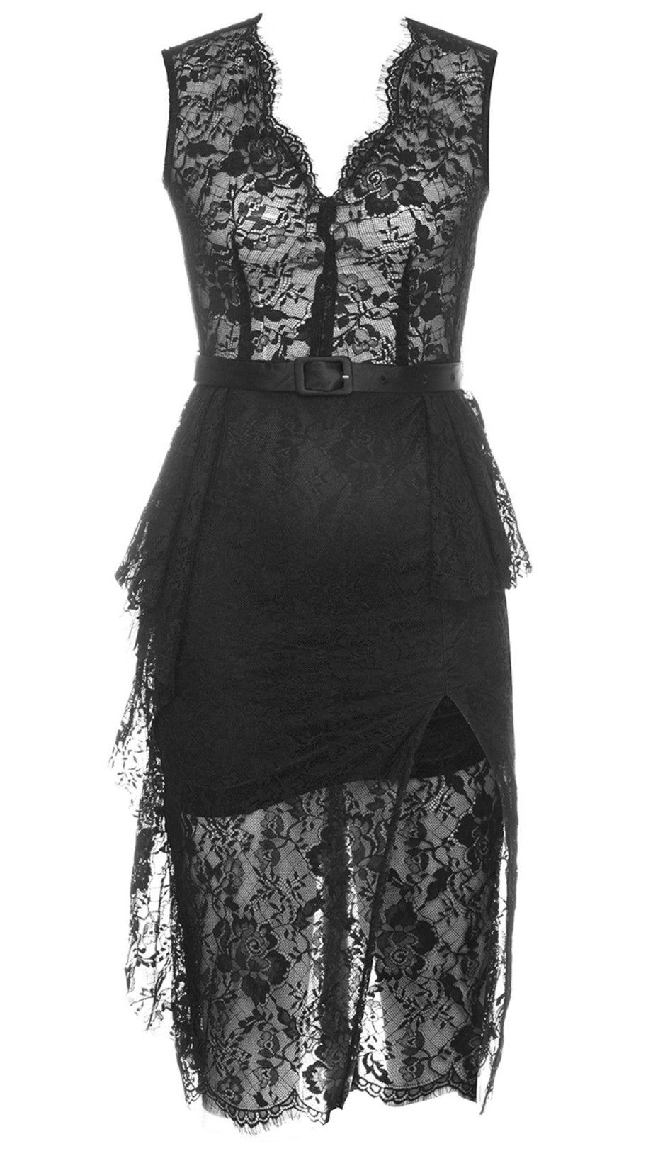 LACE BELTED ASYMMETRIC TIERED MIDI DRESS IN BLACK