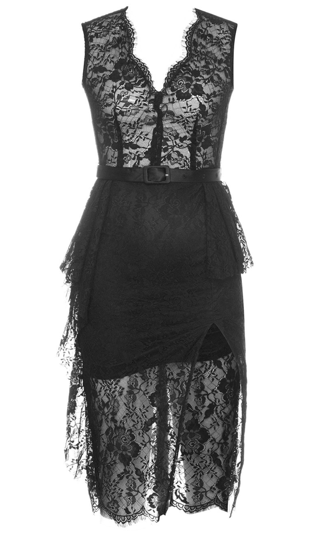 Asymmetrisches Midikleid mit Spitzengürtel in Schwarz