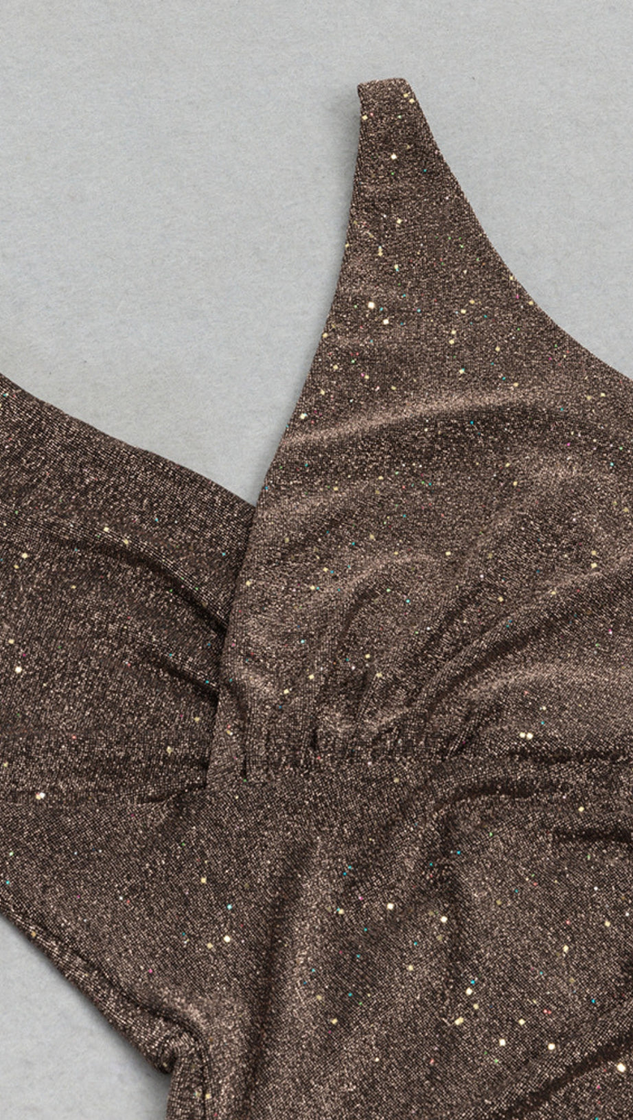 GLITTER RUCHED SLIT MAXI DRESS IN BRONZE