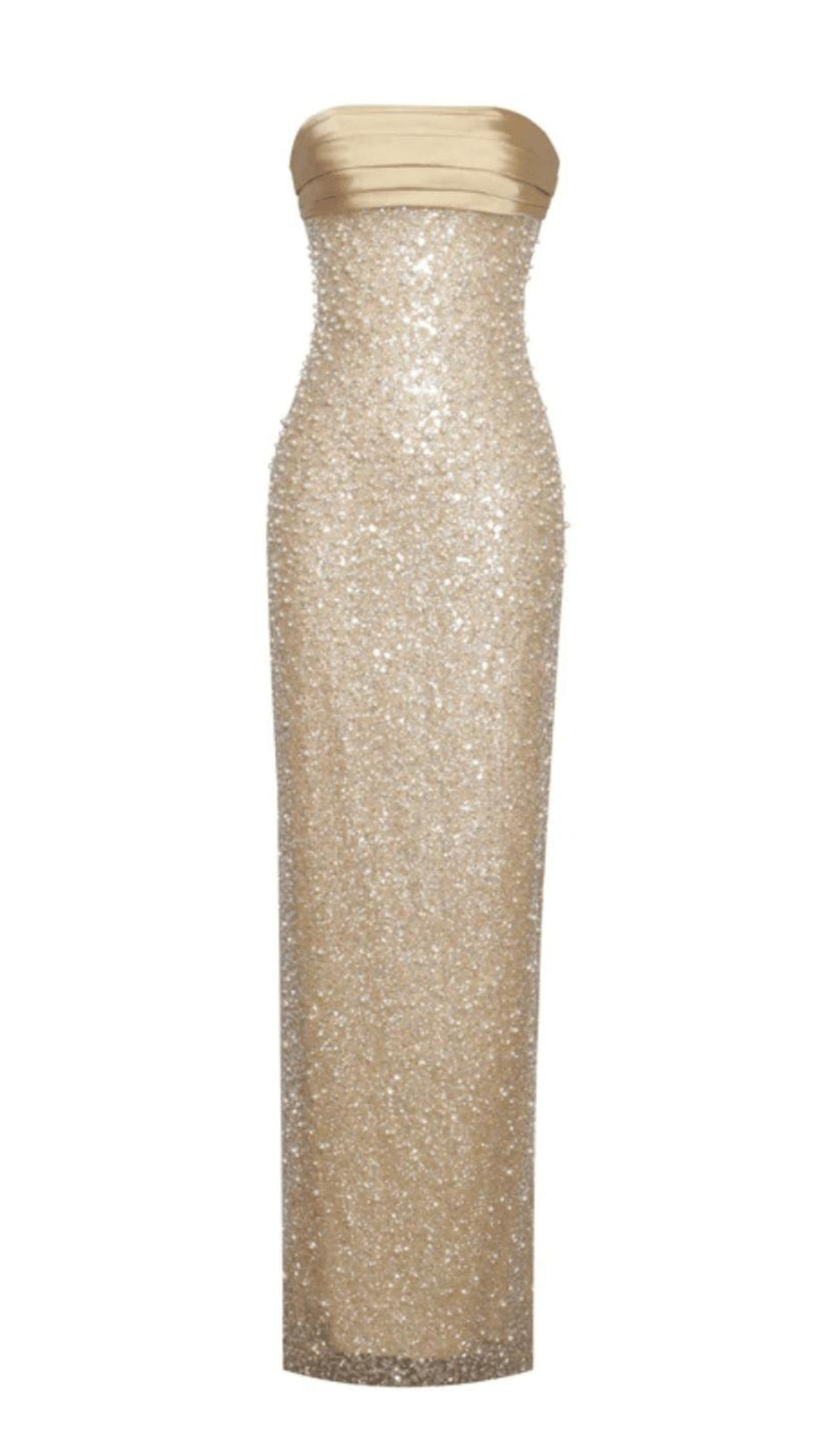 ABITO LUNGO IN RASO ORO CON PERLE E PAILLETTES