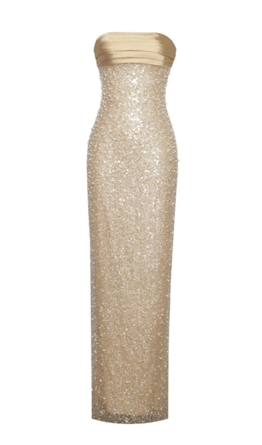 AIIZIE GOLD SATIN SEQUIN PEARLS BEADED MAXI DRESS - product image