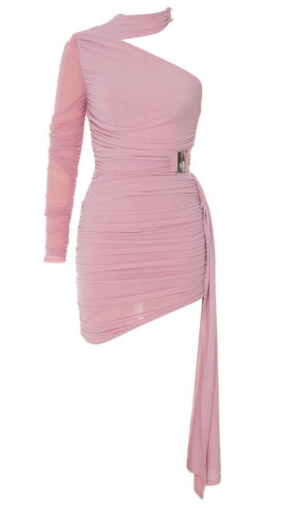 ASYMMETRIC MESH ONE - SLEEVE MINI DRESS IN LIGHT PINK
