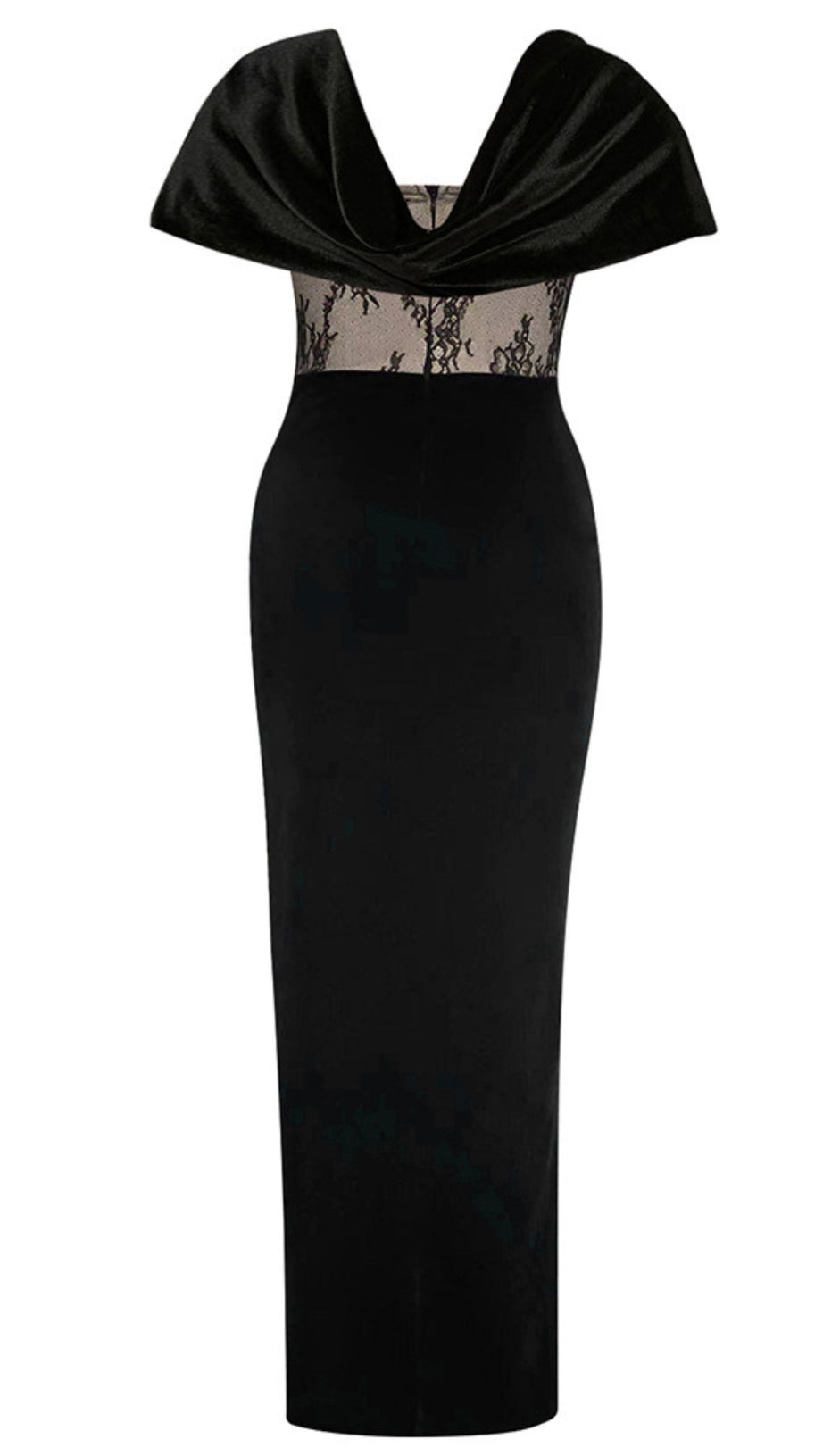 Midikleid aus Samtspitze mit Bahnen und Schleife in Schwarz