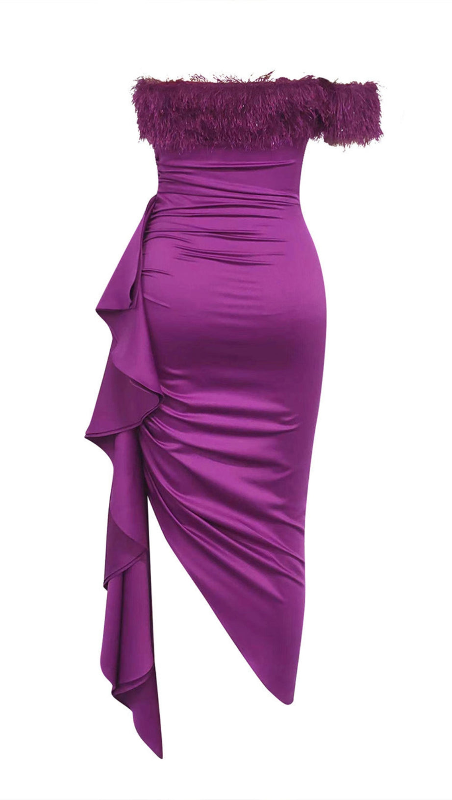 OFF - SHOULDER FEATHER - TRIMMED RUFFLED MIDI DRESS IN PURPLE