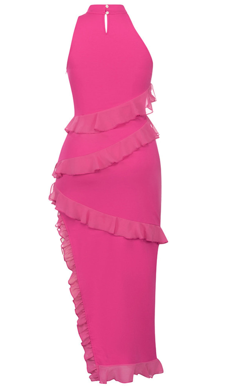 Halter Neck Asymmetric Ruffled Midi Dress in Pink