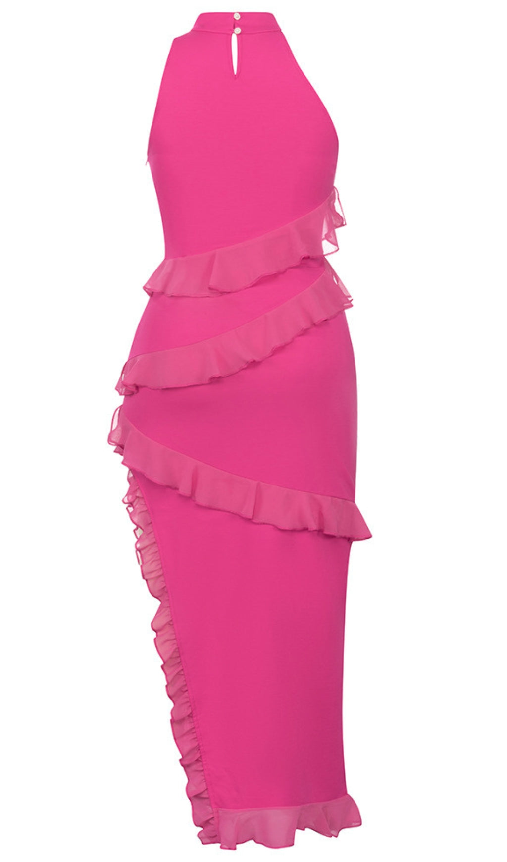 HALTER NECK ASYMMETRIC RUFFLED MIDI DRESS IN PINK
