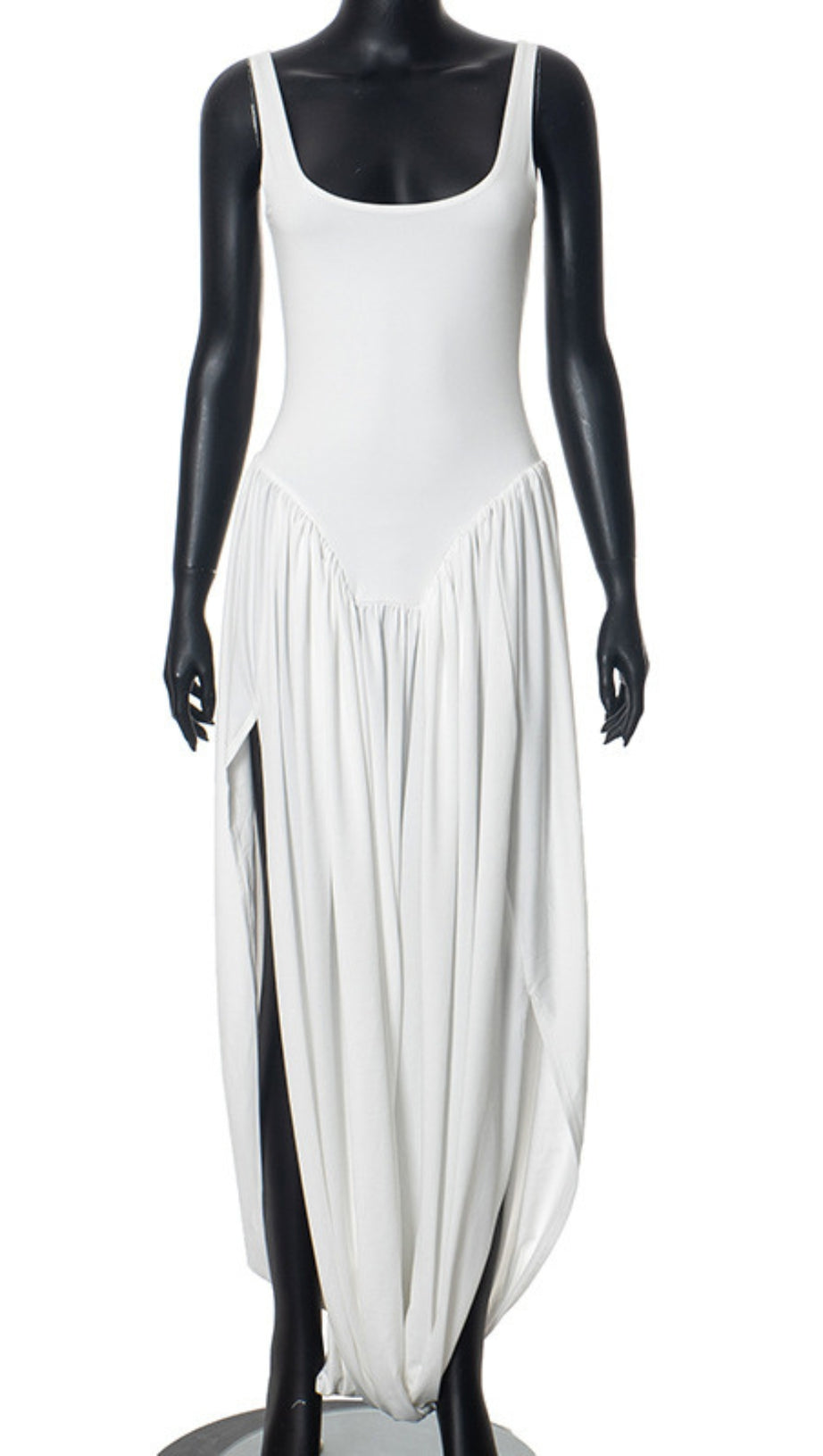 SQUARE NECK RUCHED ASYMMETRIC MAXI DRESS IN WHITE
