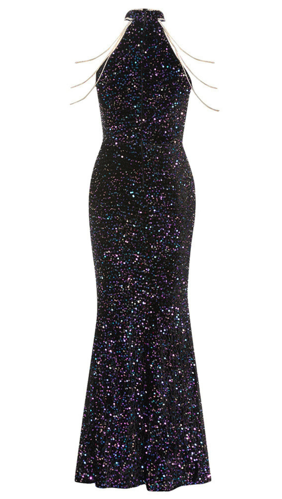 GLITTER HALTER NECK RHINESTONE - STRAP MERMAID GOWN IN BLACK