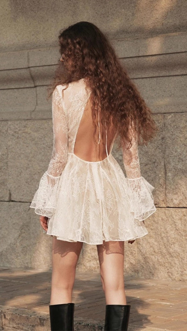 AIIZIE BBLYTHE TULLE LACE BACKLESS MINI DRESS IN WHITE - product image