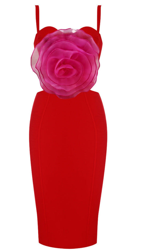 JACEY MESH FLOWER BANDAGE MIDI DRESS