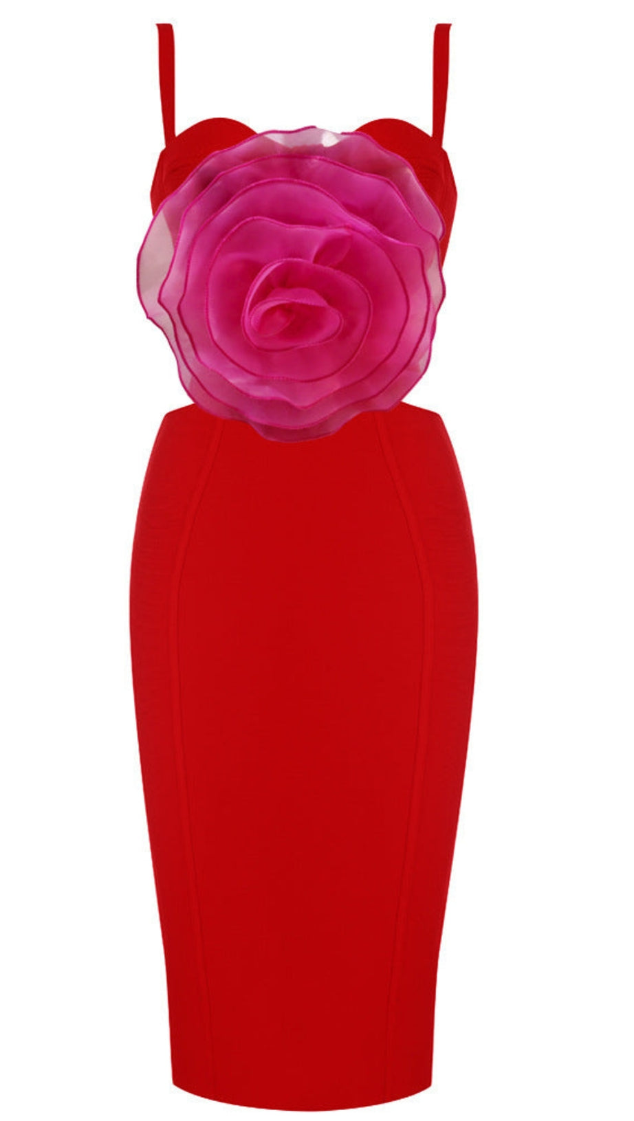 JACEY MESH FLOWER BANDAGE MIDI DRESS