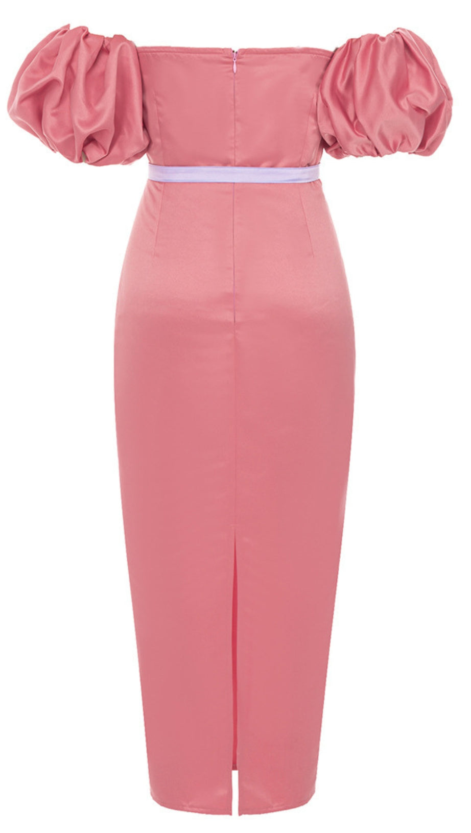 Schulterfreies Midikleid mit Puffärmeln und Gürtel in Pink