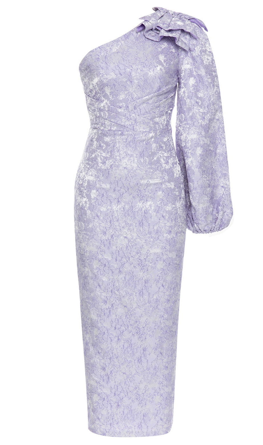 Floral One - Shoulder Bow - Detail Midi Dress in Lilac