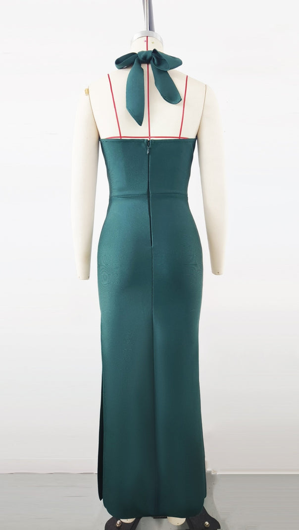 AIIZIE HALTER NECK BOW - DETAIL BODYCON MAXI DRESS IN GREEN - product image