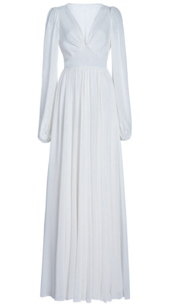 AIIZIE WHITE ELEGANT V - NECK LONG - SLEEVE CHIFFON MAXI DRESS - product image