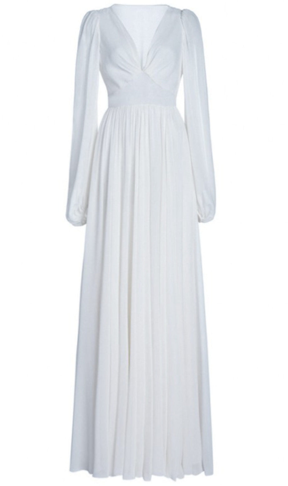 White Elegant V - neck Long - sleeve Chiffon Maxi Dress