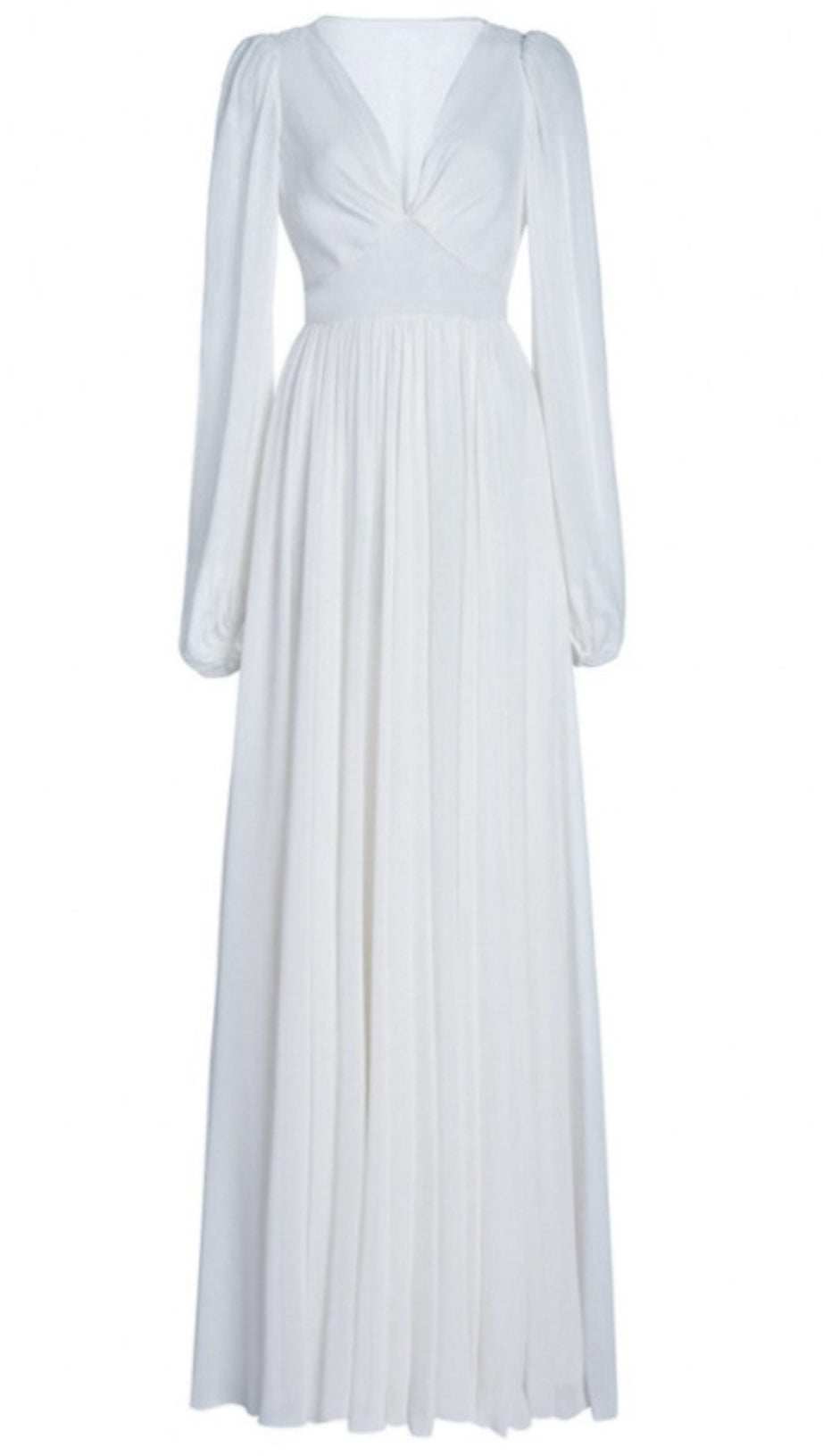 Weißes elegantes Chiffon-Maxikleid mit V-Ausschnitt und langen Ärmeln 