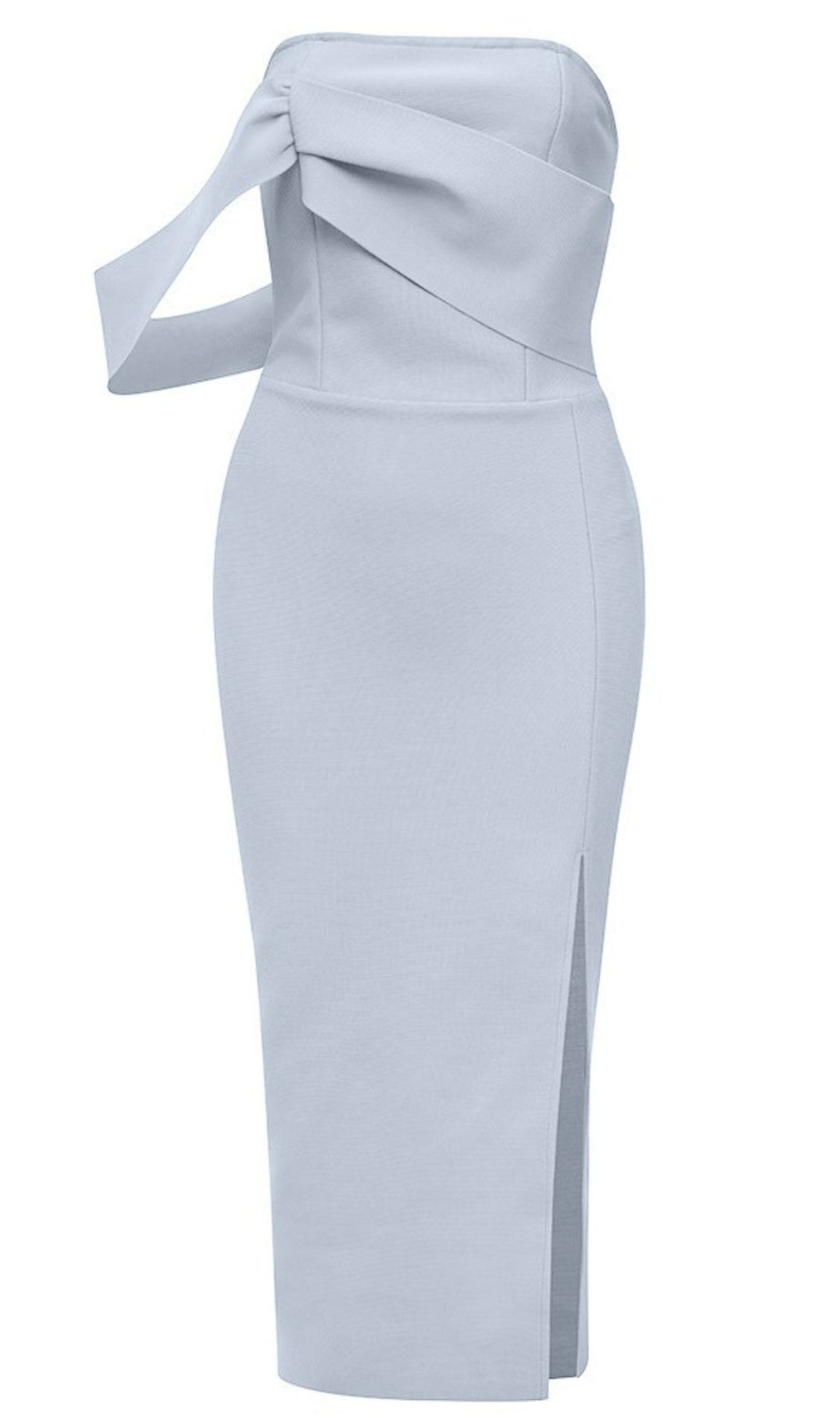 BLAUES TRÄGERLOSES MIDIKLEID MIT SEITENSCHLITZ