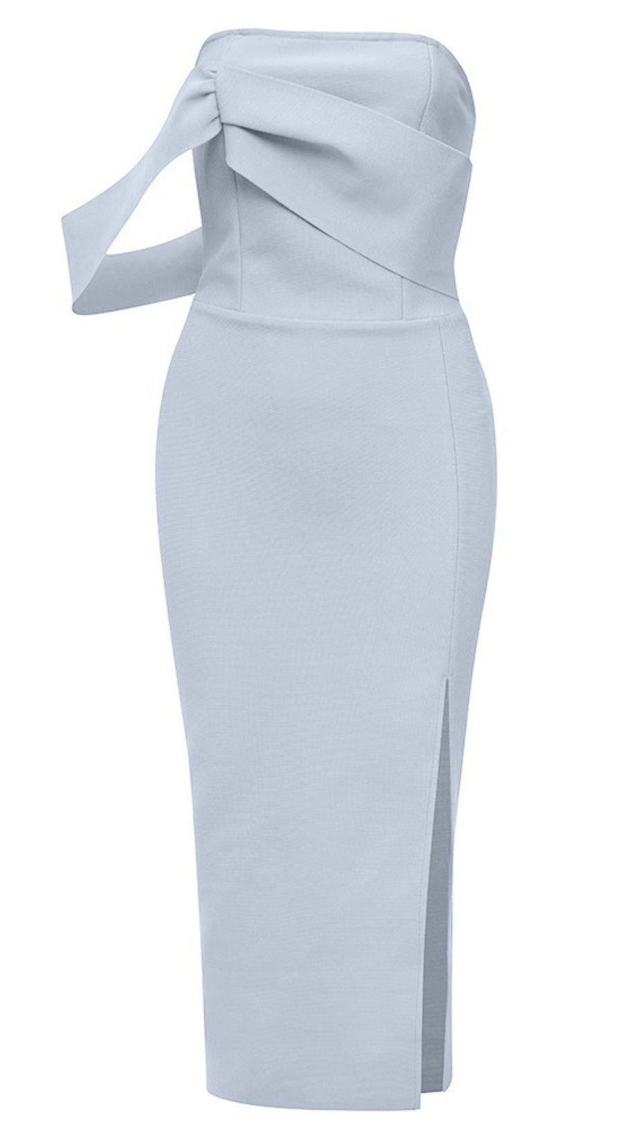 BLUE STRAPLESS MIDI DRESS WITH SIDE SLIT