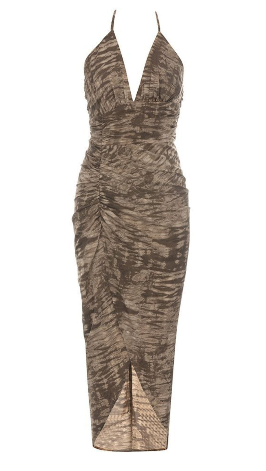 TIGER - PRINT HALTER NECK RUCHED SLIT MIDI DRESS