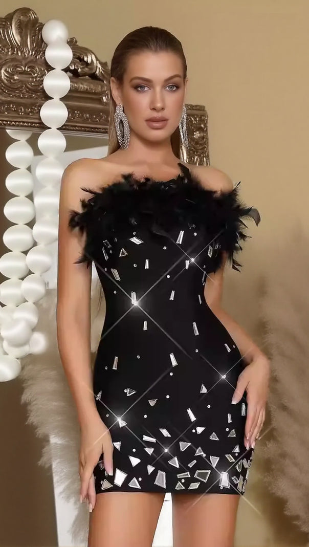 AIIZIE SEQUIN STRAPLESS FEATHER MINI DRESS IN BLACK - product image