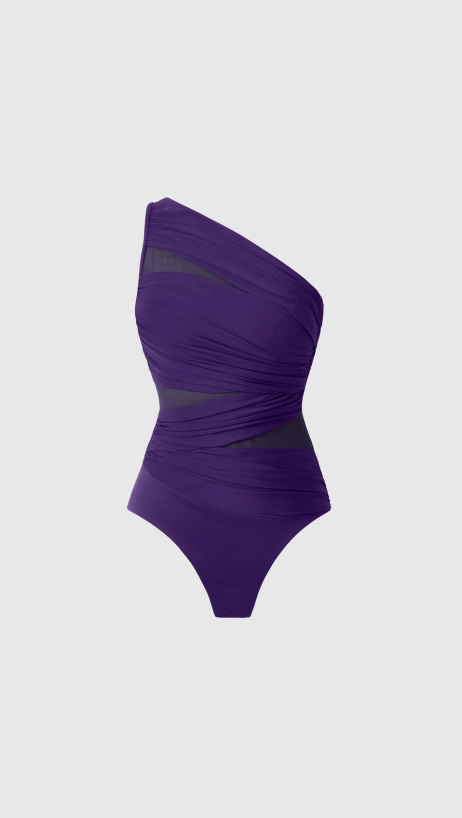 MAMIE SINGLE SHOULDER MESH RUCH SWIMSUIT IN PURPLE