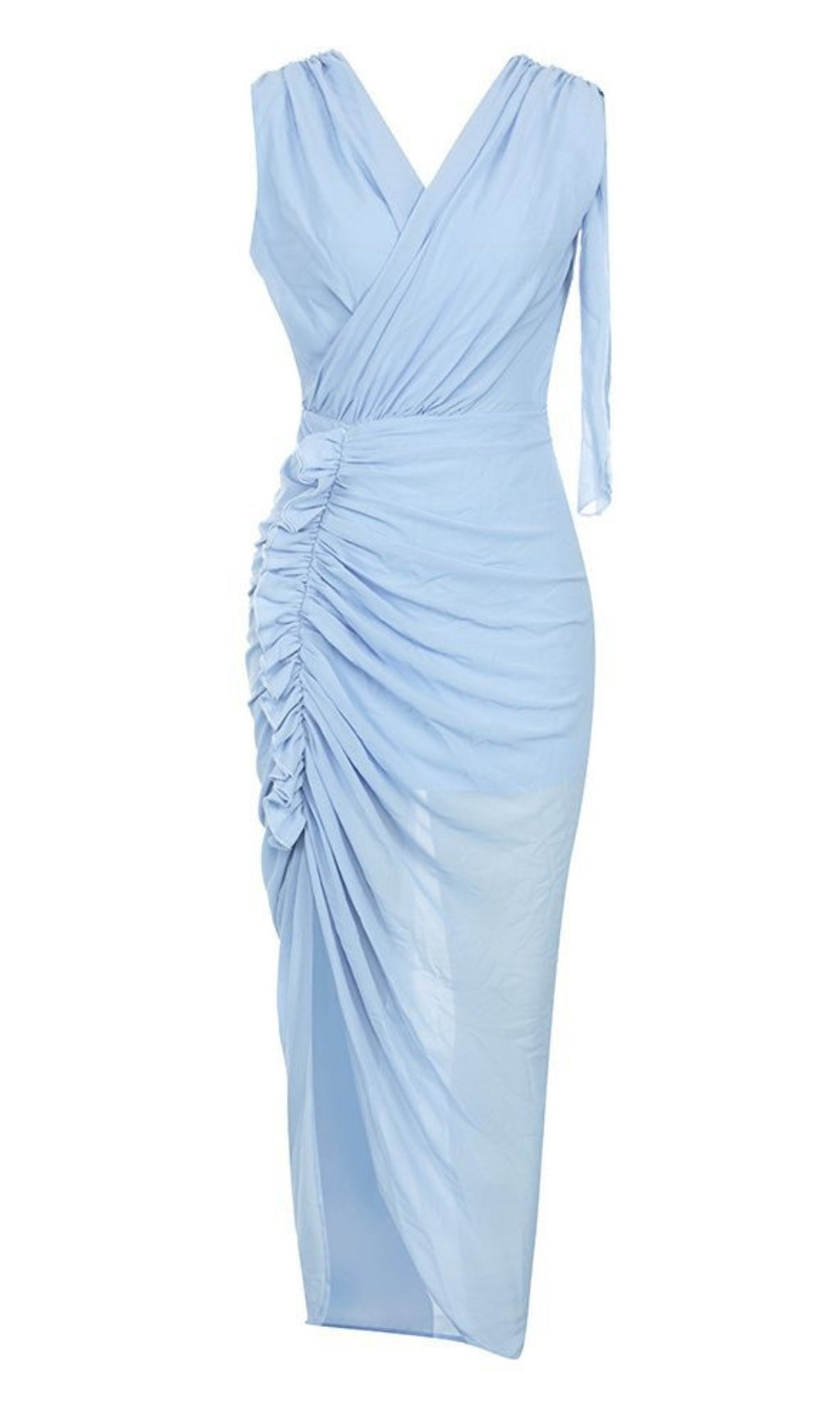 WRAP - FRONT RUCHED ASYMMETRIC MIDI DRESS IN LIGHT BLUE