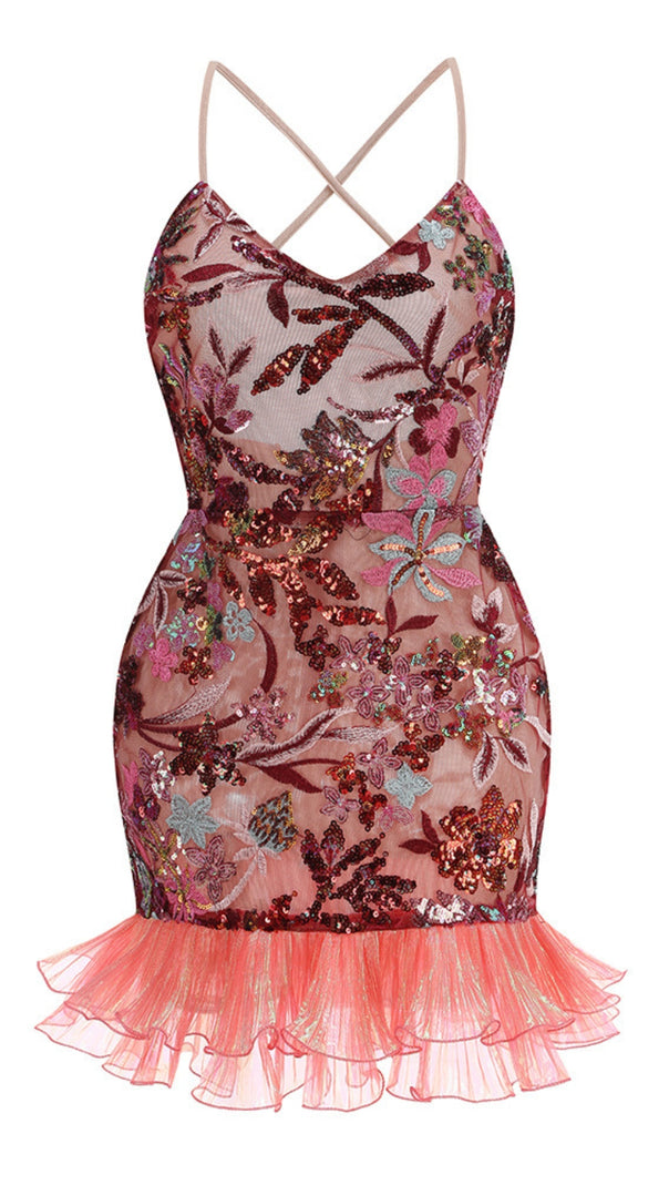 AIIZIE RED FLORAL EMBROIDERY STRAP MESH-PANELLED MINI DRESS - product image