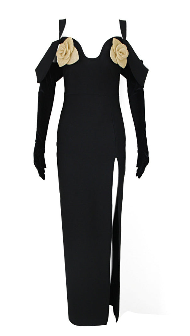 AIIZIE FLOWER - EMBELLISHED OFF - SHOULDER SLIT MAXI DRESS WITH GLOVES IN BLACK - product image