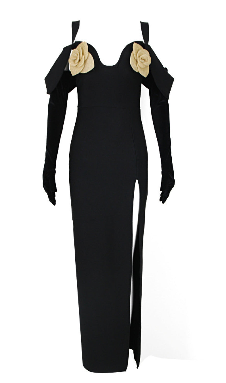Flower - Embellished Off - Shoulder Slit Maxi Dress with Gloves in Black