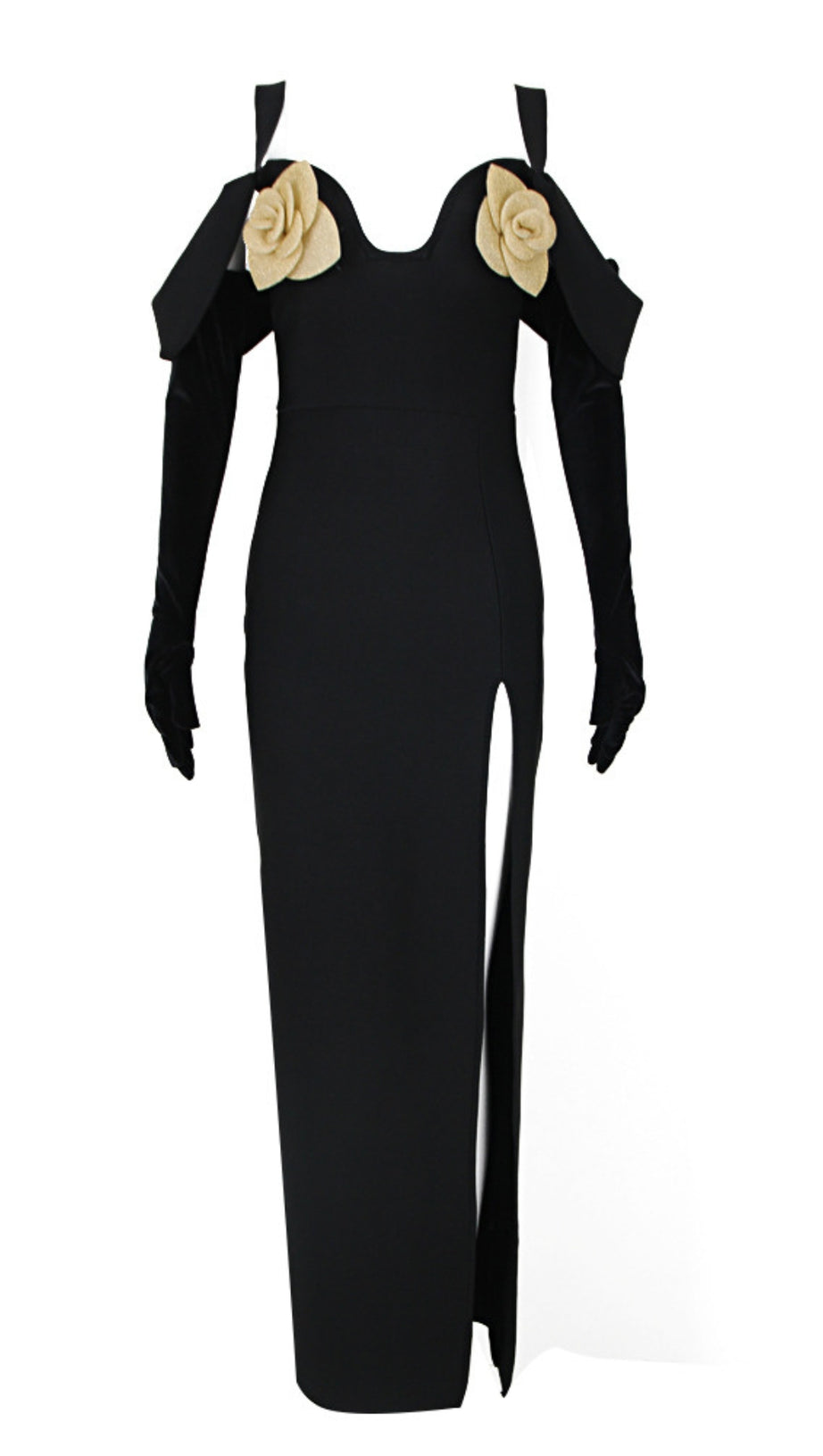 FLOWER - EMBELLISHED OFF - SHOULDER SLIT MAXI DRESS WITH GLOVES IN BLACK