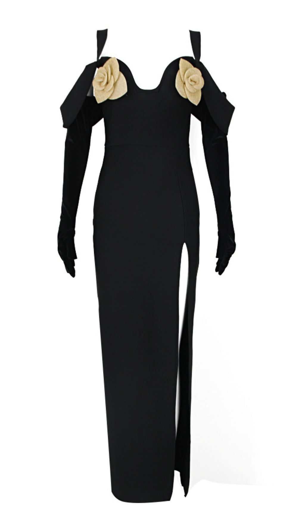 FLOWER - EMBELLISHED OFF - SHOULDER SLIT MAXI DRESS WITH GLOVES IN BLACK