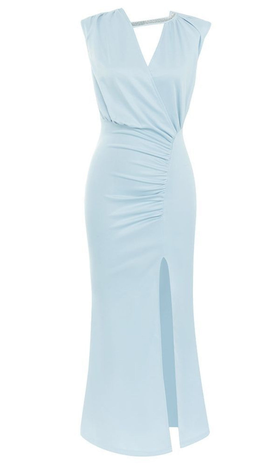 Wrap - Front Ruched Slit Midi Dress in Light Blue