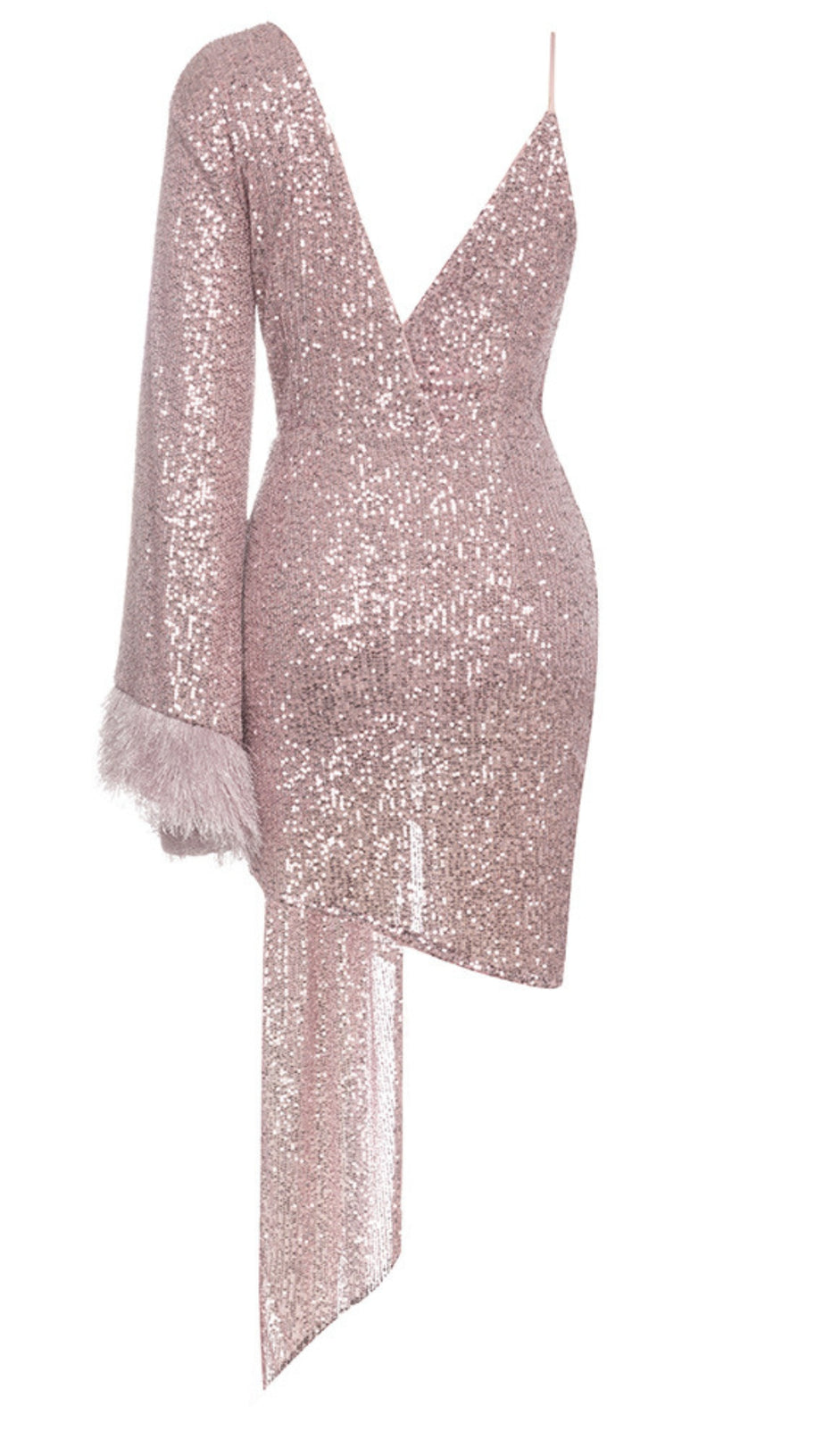 SEQUIN ASYMMETRIC FEATHER - CUFF WRAP DRESS IN PINK