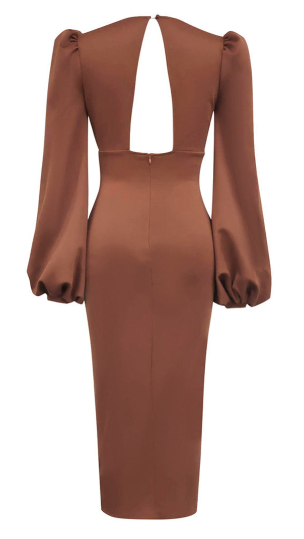 AIIZIE V - NECK PUFF - SLEEVE BUTTON - FRONT SLIT MIDI DRESS IN BROWN - product image