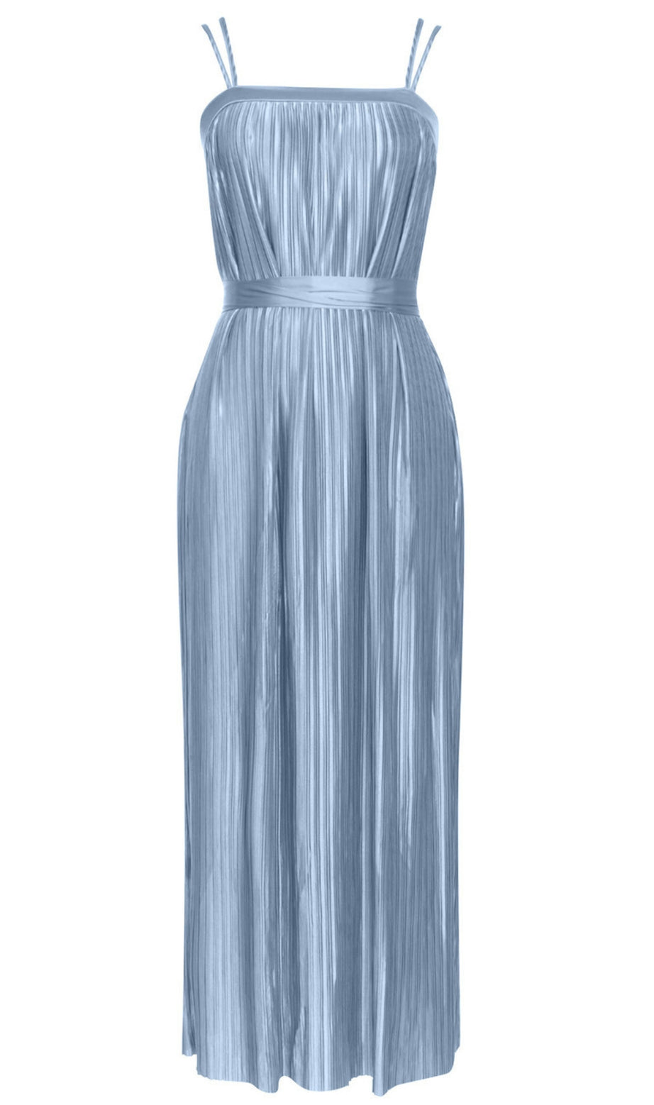 Strapless Pleated Belted Maxi Dress in Light Blue