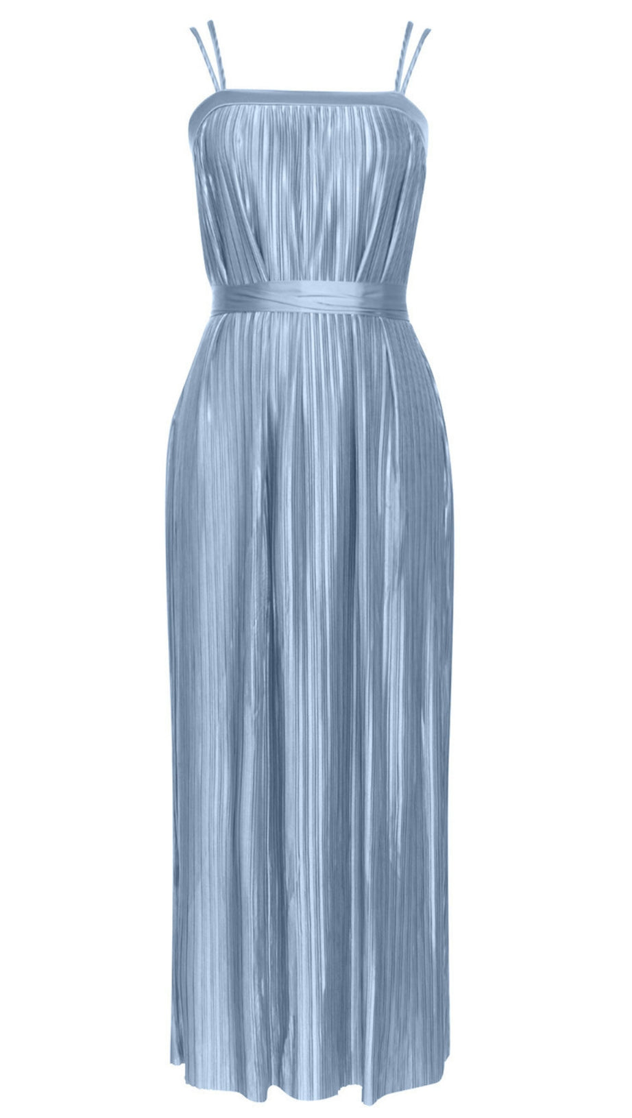 STRAPLESS PLEATED BELTED MAXI DRESS IN LIGHT BLUE