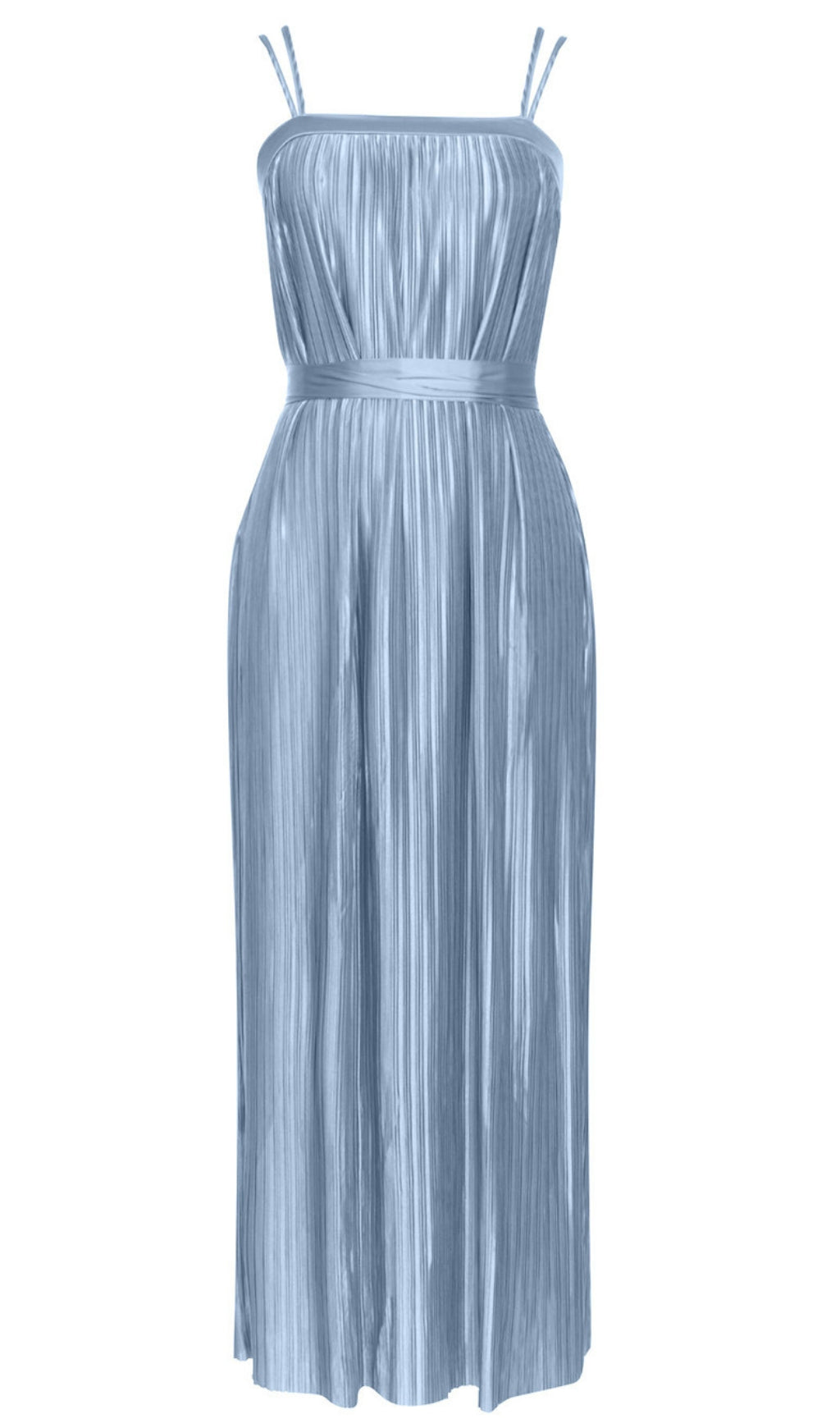 STRAPLESS PLEATED BELTED MAXI DRESS IN LIGHT BLUE
