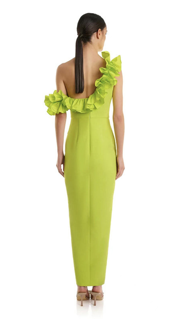 AIIZIE ONE - SHOULDER RUFFLE - TRIMMED SLIT MIDI DRESS IN YELLOW - product image