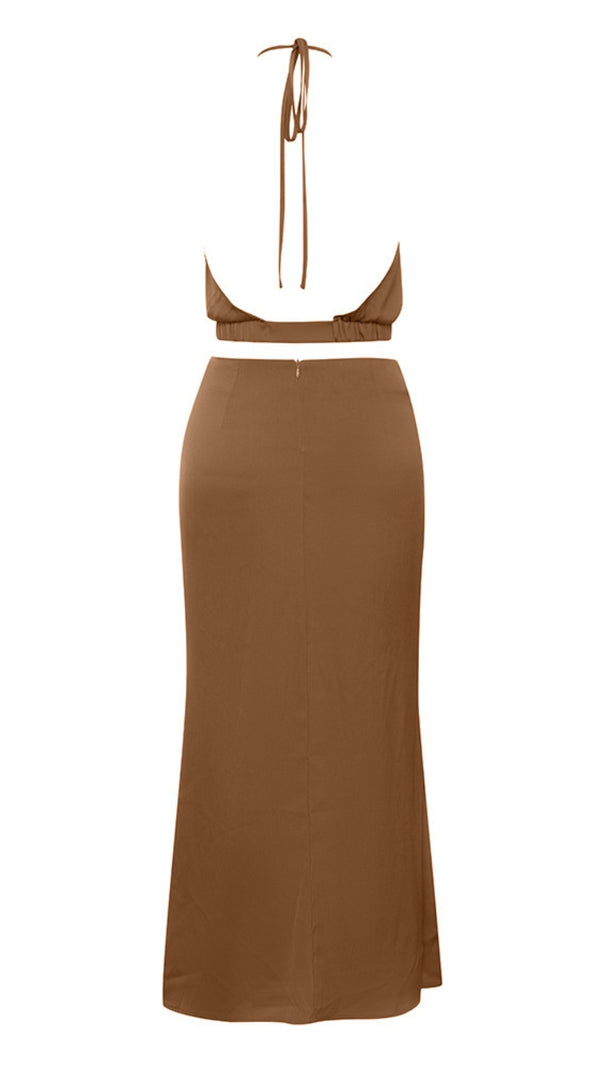 AIIZIE HALTER CUT - OUT SLIT MIDI DRESS IN BROWN - product image