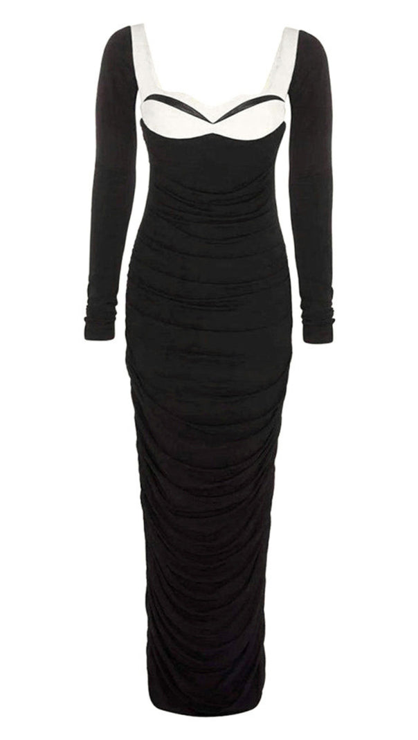 AIIZIE RUCHED LONG - SLEEVE MAXI DRESS IN BLACK AND WHITE - product image