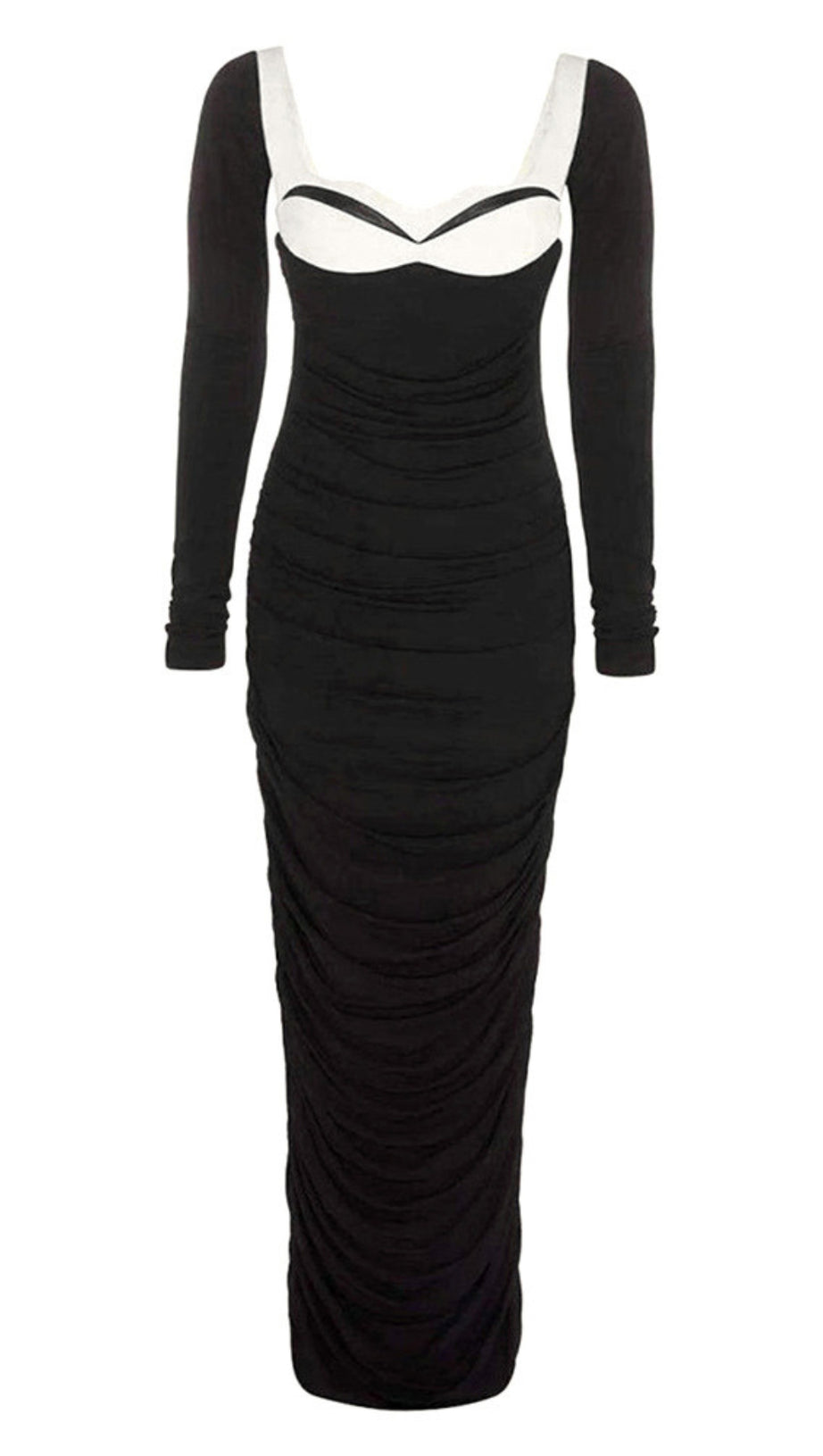 RUCHED LONG - SLEEVE MAXI DRESS IN BLACK AND WHITE